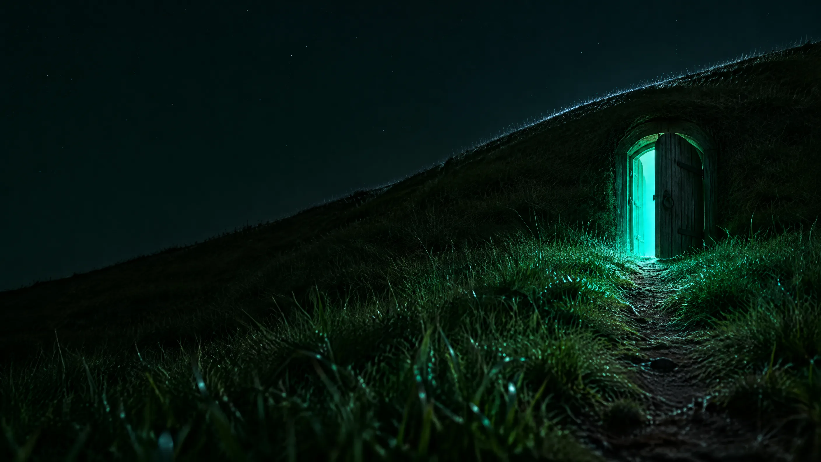 A lit door standing open in a grassy hillside at night